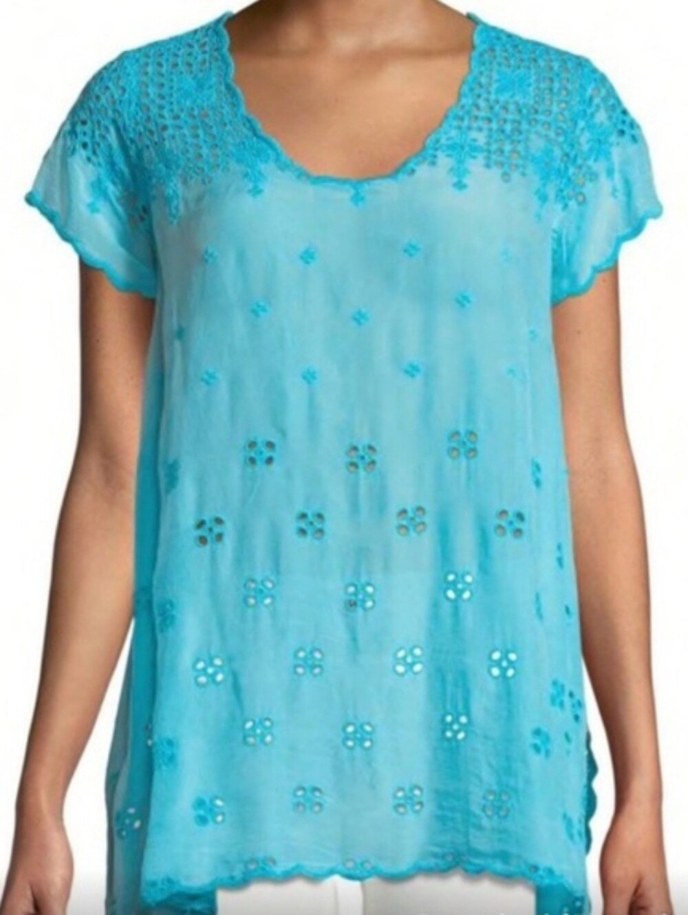Johnny Was Darla Tunic‎ S Blue Eyelet Embroidered Boho Handkerchief Hem